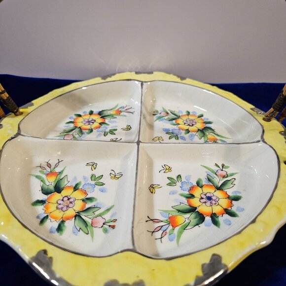 Vintage Ceramic Divided Serving Dish With Floral Design & Wicker Handle - Picture 5 of 16